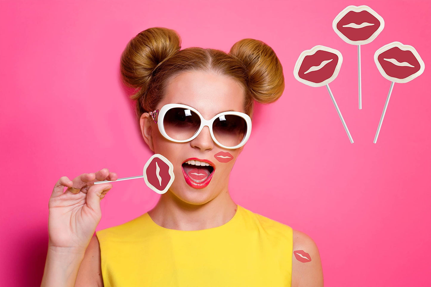 Fruidles Valentine'S Day Red Lips Tattoo Lollipop Sucker, White Lip Shaped Lollipop With Red Lips, Individually Wrapped Candy (3