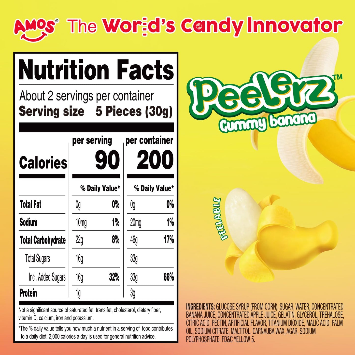 Amos Peelable Banana Gummies, Banana Peeling Candy, Peelerz Fruit Snacks Fat Free, Resealable 2.19Oz Bag