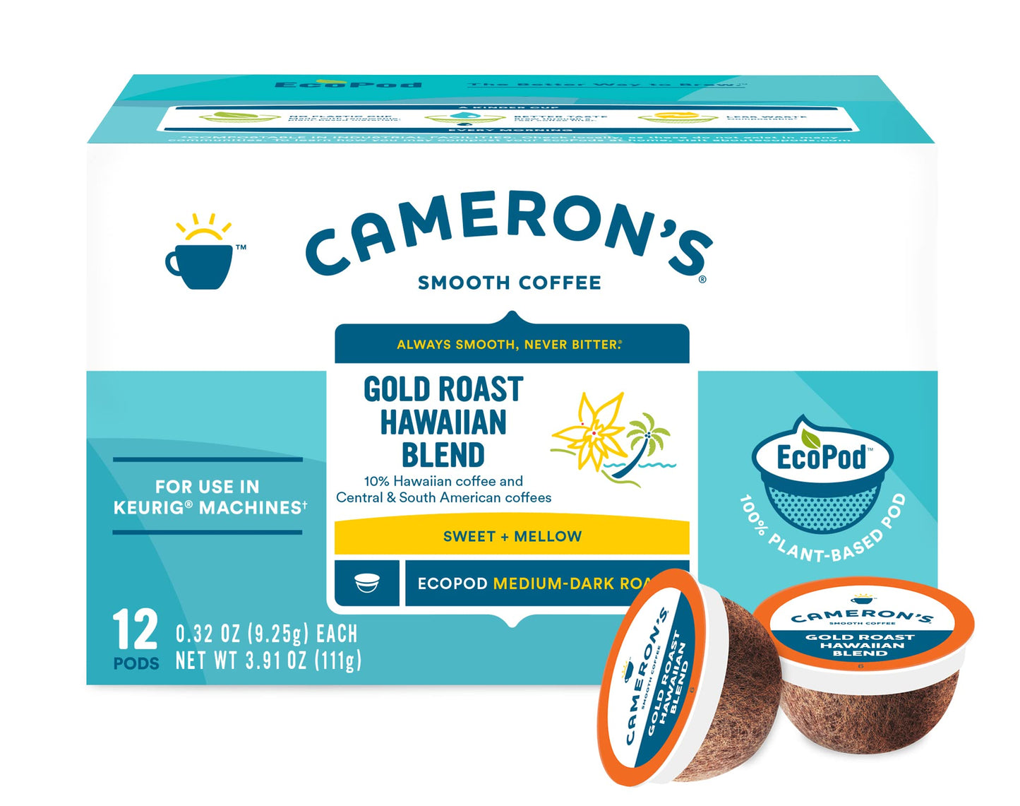 Cameron s Coffee Gold Roast Hawaiian Blend Single-Serve Pods, Medium-Dark Roast, 100% Arabica, 12-Count (Pack of 6)