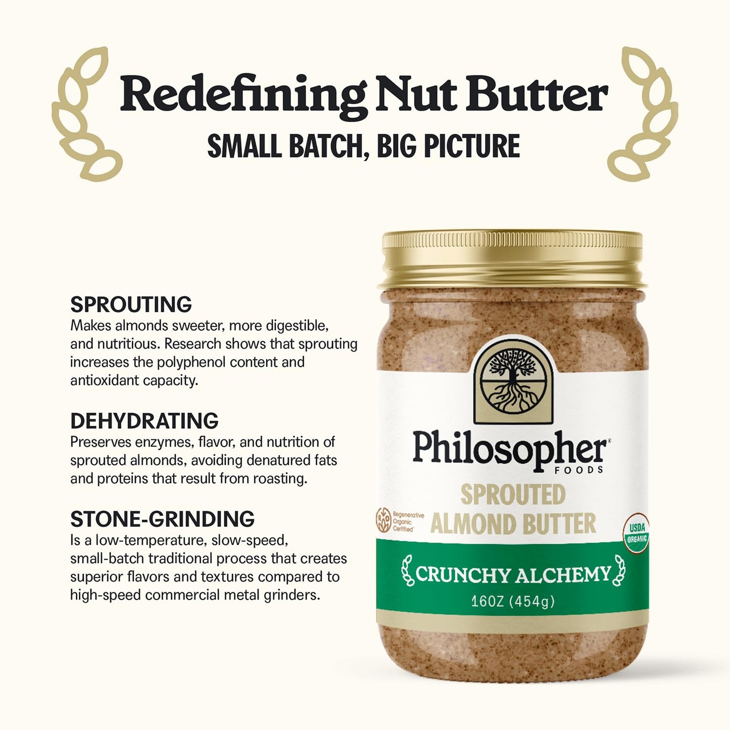 Philosopher Foods Crunchy Alchemy Sprouted Almond Nut Butter, 16 Oz. - Thick Organic Butter, Natural Sweetness, Stone Ground Alm