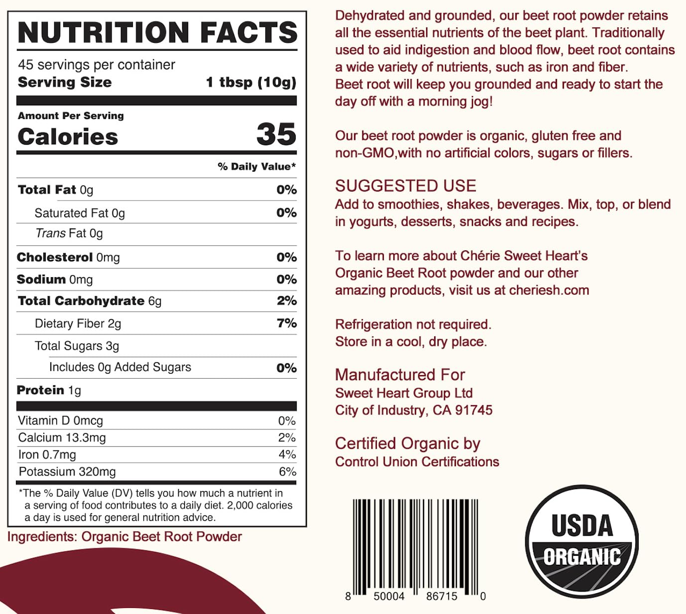 Ch  rie Sweet Heart Organic Beet Root Powder (1 LB), Raw & Non-GMO