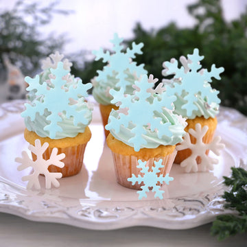Gyufise 50Pcs Edible Snowflakes Blue Cupcake Cake Toppers Decoration For Chirstmas Winter Frozen Theme Party Supplies