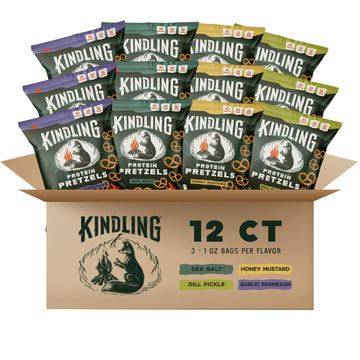 Kindling Protein Pretzels Variety Pack - Sea Salt (3), Dill Pickle (3), Honey Mustard (3), Garlic Parmesan (3) | Protein-Packed 