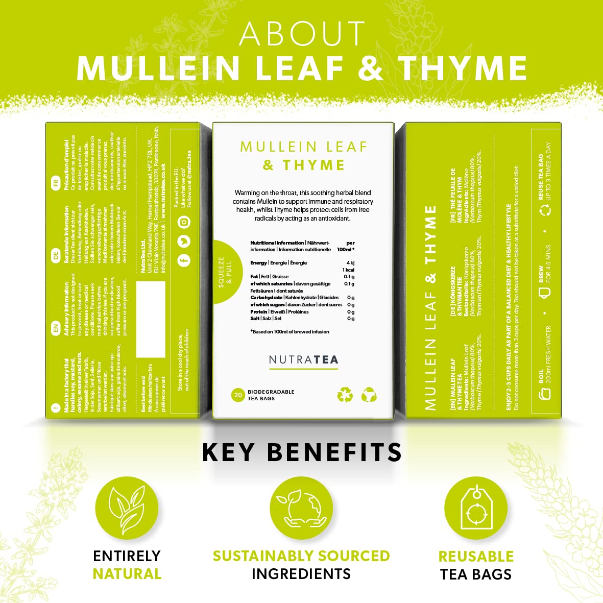 Nutratea - Mullein Leaf & Thyme Tea | Mullein Tea | Mullein Leaf Tea - Mullein Tea For Lungs & Throat - 20 Tea Bags - Herbal Tea