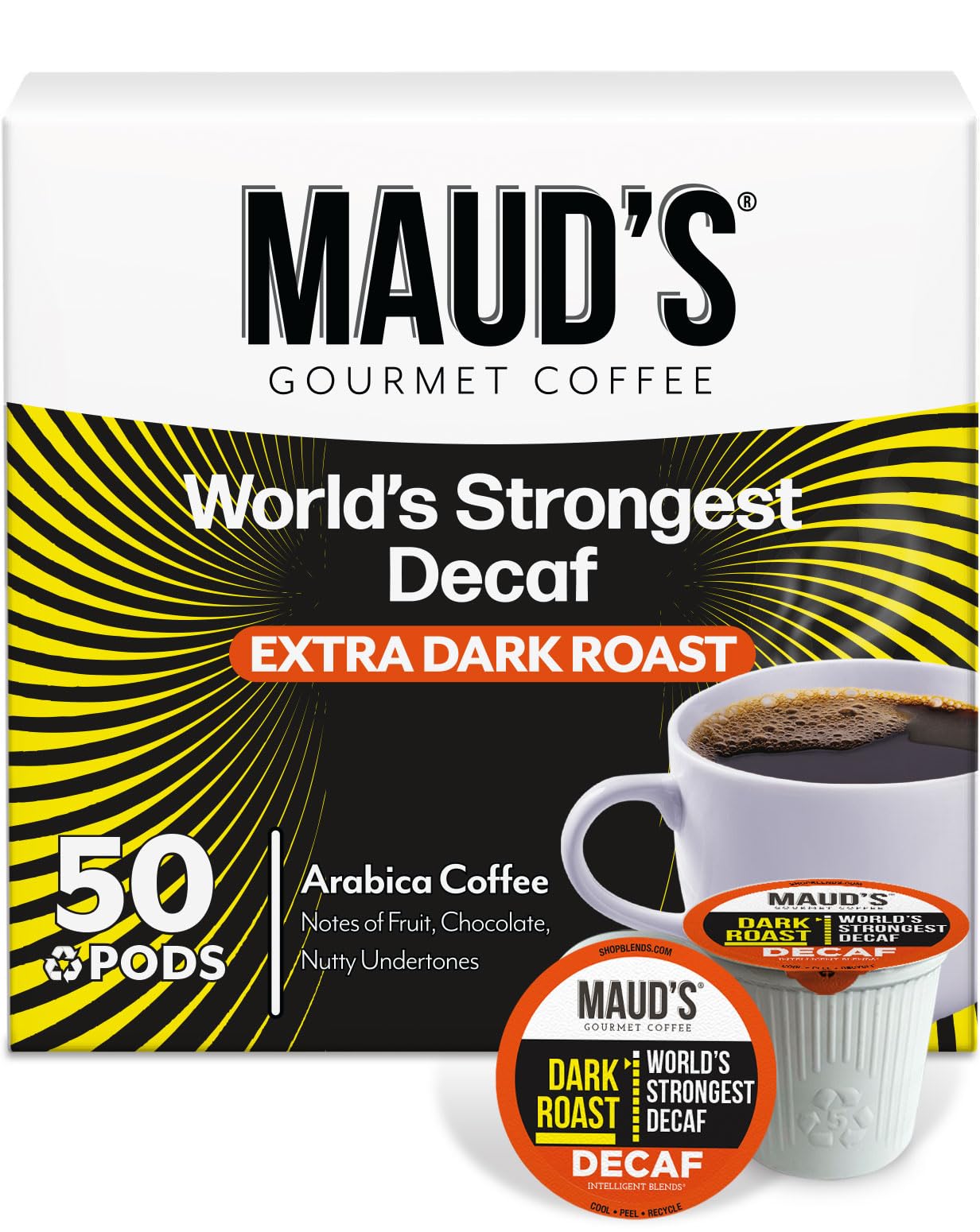 Mauds Worlds Strongest Decaf Coffee Pods  50ct  Decaffeinated Dark Roast Coffee in Recyclable Single Serve Pods - 100% Arabica Coffee  Compatible with Keurig K Cups Maker
