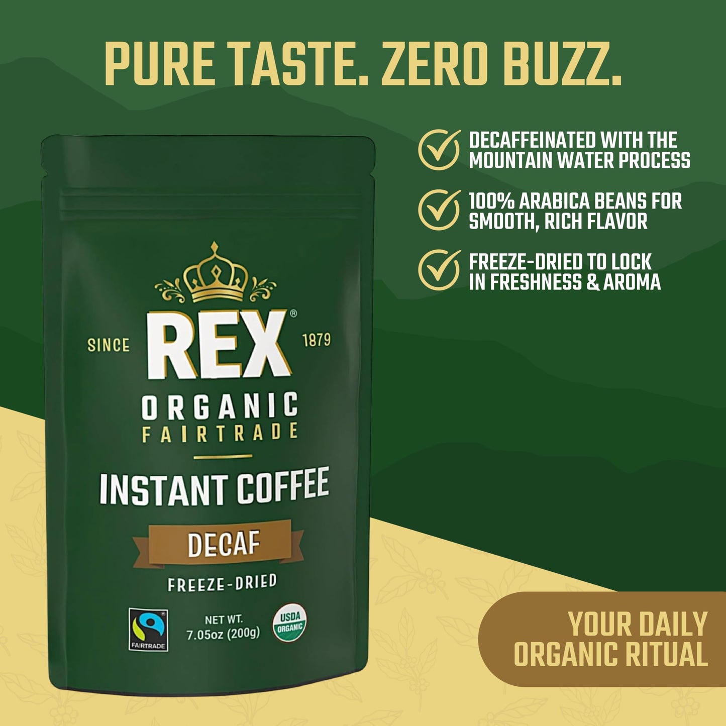 REX COFFEE Organic Fairtrade Decaf Instant Coffee – Naturally Decaffeinated Arabica, 7.05 oz Resealable Pouch
