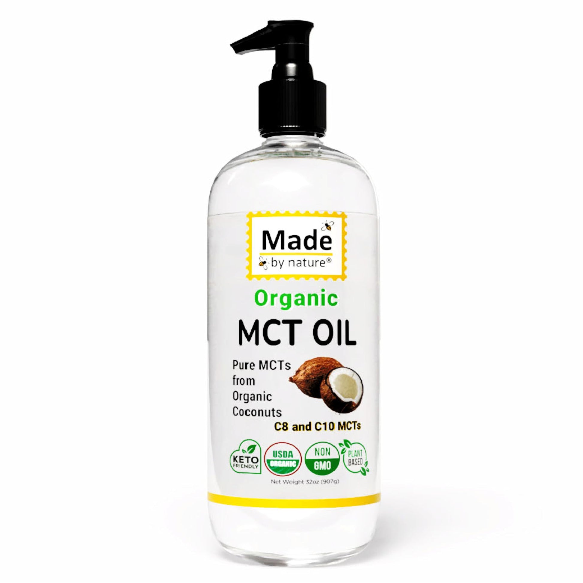 Made By Nature Organic MCT Oil, 32 oz, Pure MCTs from Coconuts, C8 and C10 MCTs, Keto Diet Friendly, Use in Coffee, High Bioavai