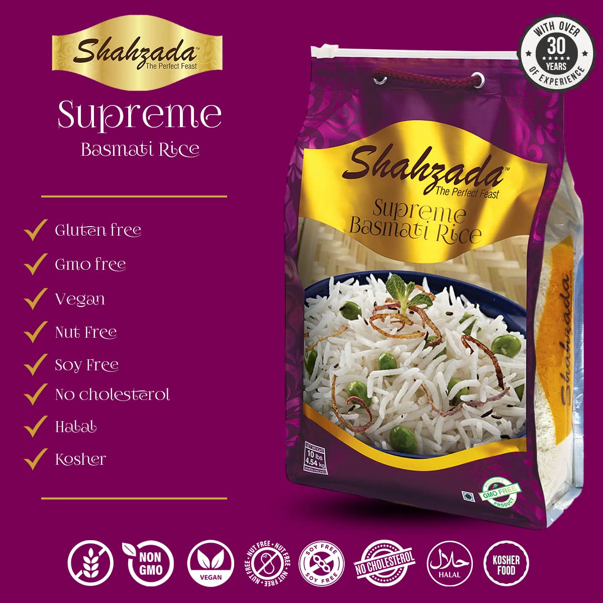 Shahzada Supreme Basmati Rice – Extra Long Grain, Non-Sticky, Vegan, Gluten Free, 10 Lbs, White