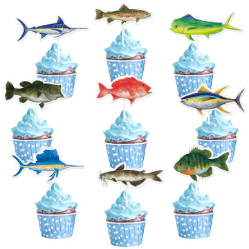 Wernnsai 36Pcs Fishing Cupcake Toppers Gone Fishing Birthday Cake Toppers Supplies For Baby Shower Fisherman Boys Birthday Party