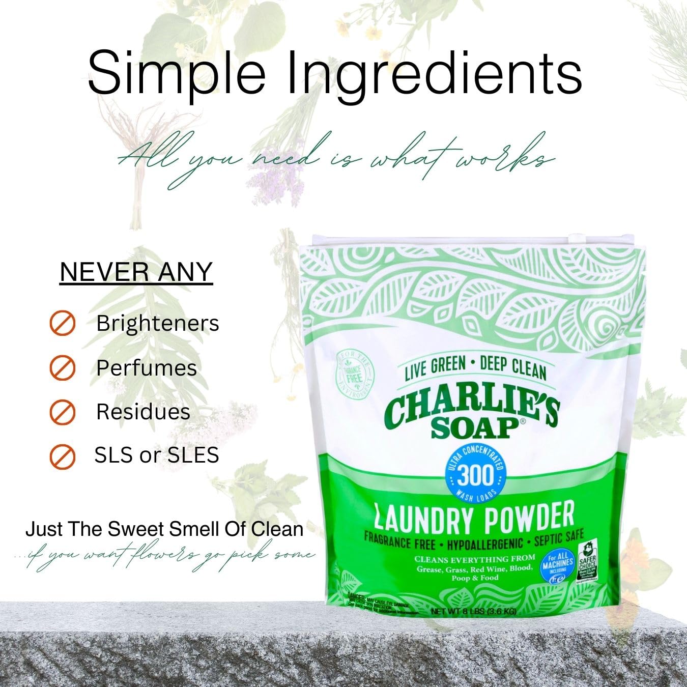 Charlies Soap Hypoallergenic Laundry Detergent Powder 8Lb Bag, Pack Of 4 (1200 Loads Total) Fragrance Free Plant Based Deep Clea