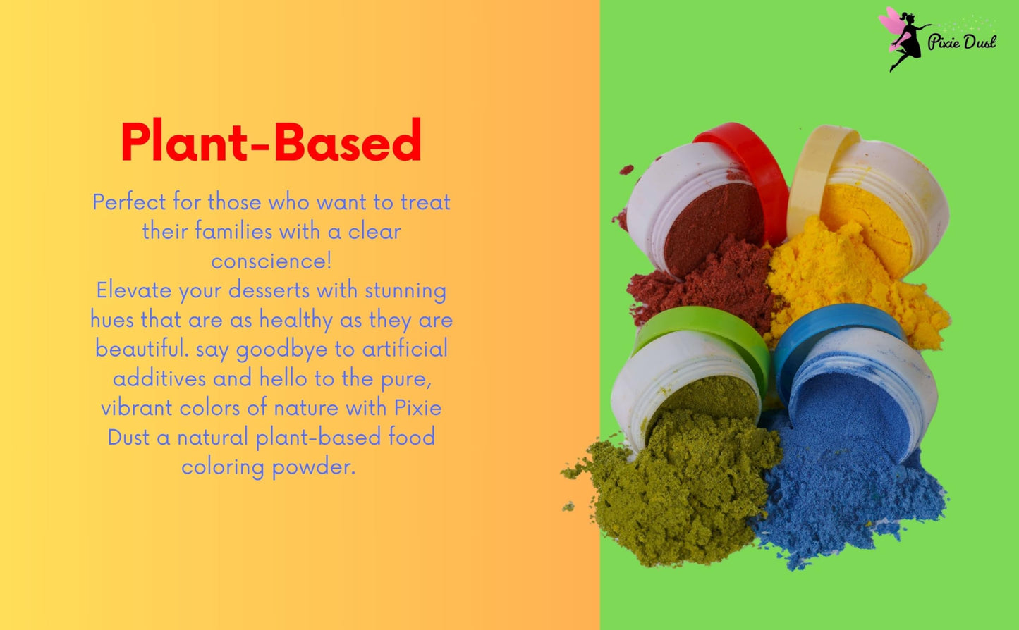 Pixie Dust All-Natural Food Coloring Powder Set, Dye-Free, Plant-Based, 0.17 oz Each (Pack of 4) - Red, Yellow, Blue, Green