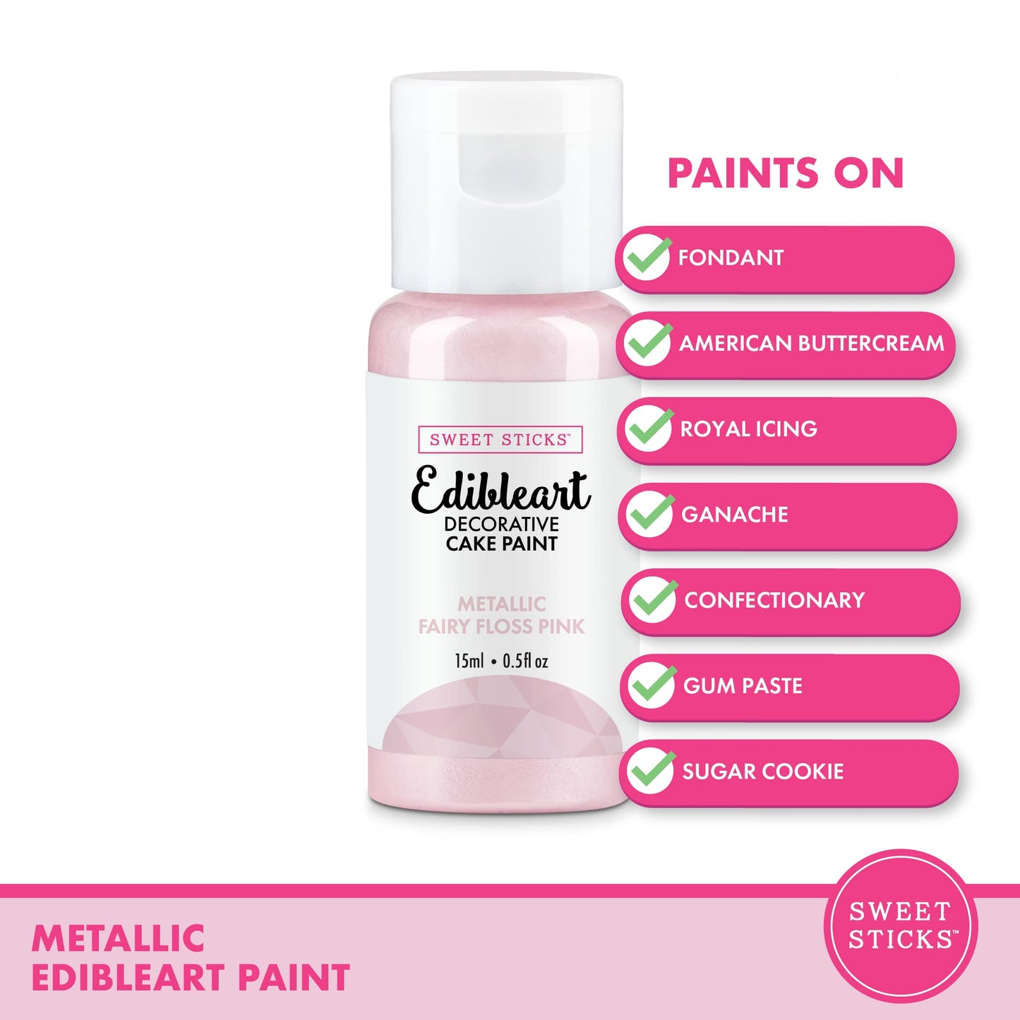 SWEET STICKS Edible Art Cake Paint, Metallic Fairy Floss Pink, 0.5 Fl Oz