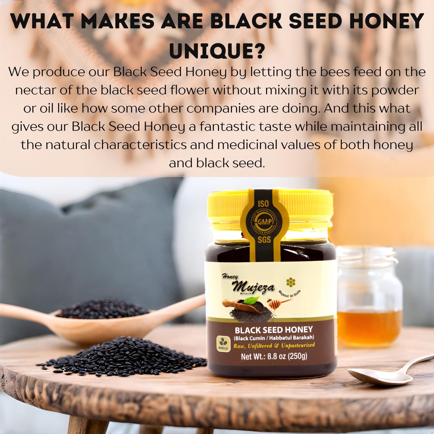 Mujeza Black Seed Honey - (Black Cumin - Nigella Seeds) - Not Mixed With Oil Or Powder - Gluten Free - Non Gmo - Organic Honey -