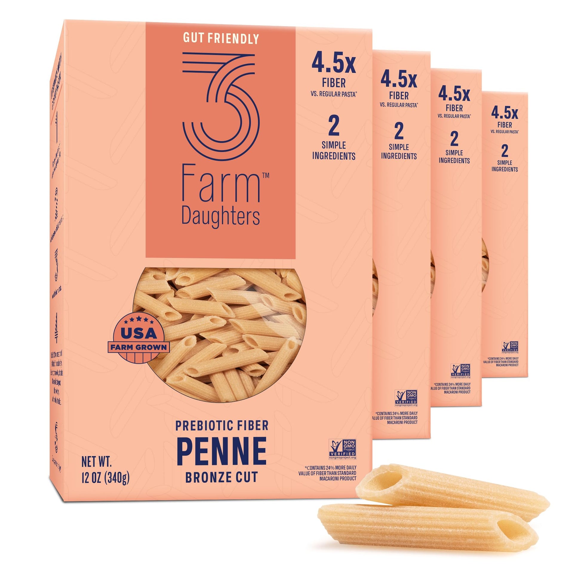 Three Farm Daughters High Fiber Pasta Penne Pack, Low GI, Non GMO Penne Pasta Noodles, Low Net Carb, Made in the USA, 12 oz. (4 
