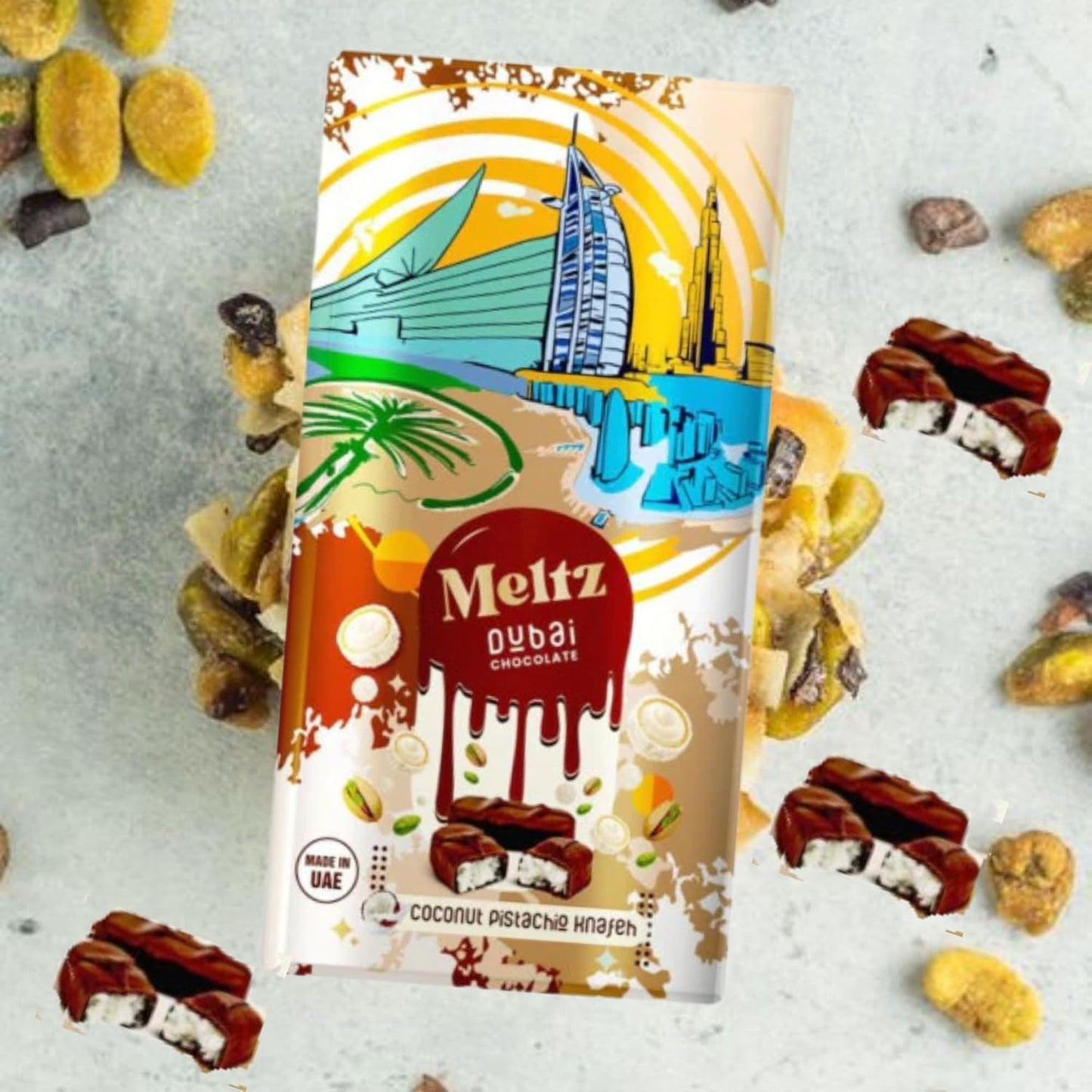 Meltz Pistachio Chocolate Coconut Bar 192g - elegant Milk Chocolate, Individually Wrapped, Perfect Dubai Sweets Treat Box