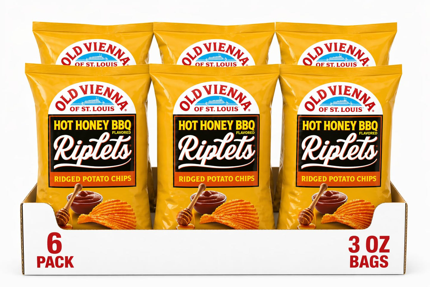 Old Vienna of St. Louis Riplets Hot Honey BBQ Ridged Potato Chips, 3 oz Bags, 6 Pack
