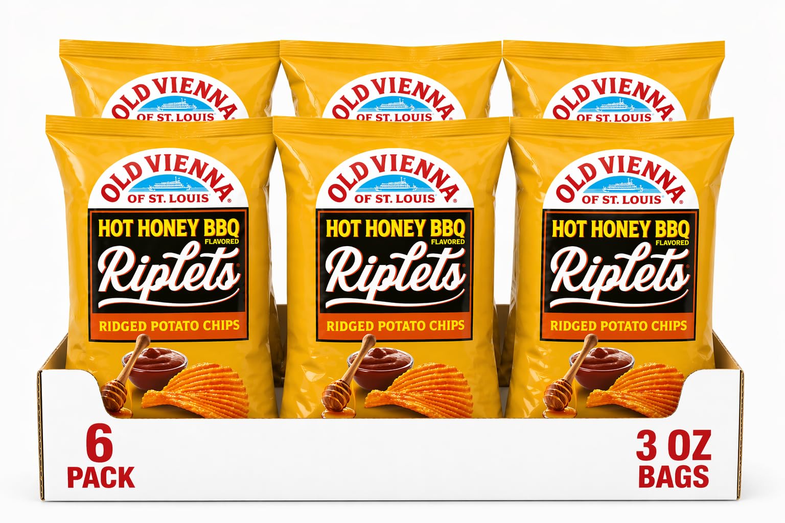 Old Vienna of St. Louis Riplets Hot Honey BBQ Ridged Potato Chips, 3 oz Bags, 6 Pack