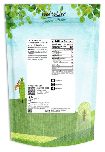 Food to Live Dry Roasted Pistachio Kernels, Unsalted, 1 LB, Kosher, No Shell