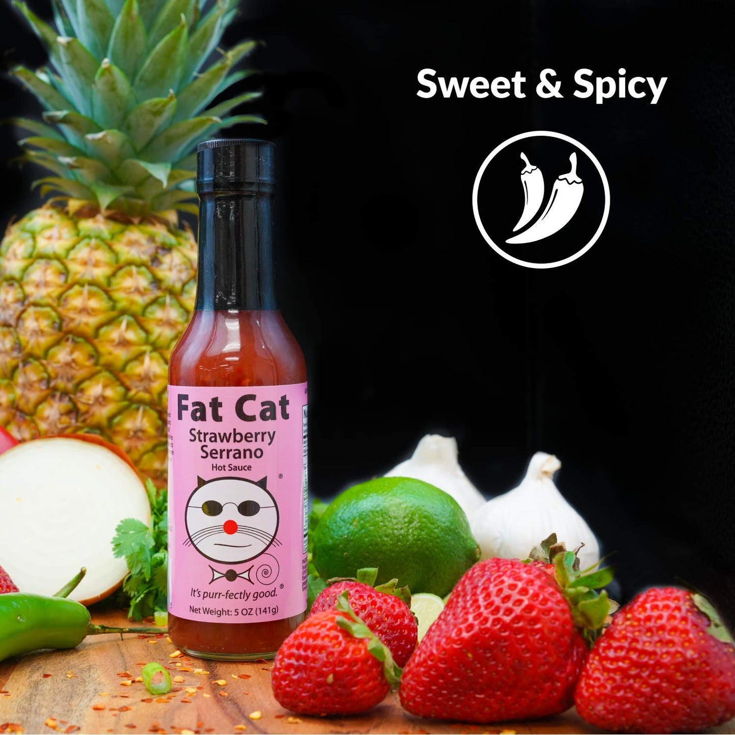 Strawberry Serrano Natural Hot Sauce by Fat Cat Gourmet | Sweet & Spicy Flavor | For Chicken, Seafood, Pork, Ham & More | Mild H