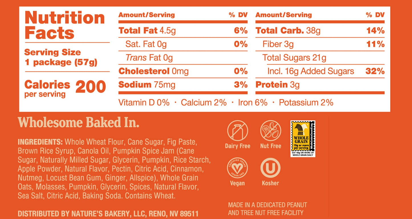 Nature s Bakery Whole Wheat Pumpkin Spice Fig Bars, 2 oz Snack Bars (36 Ct), Plant-Based, Vegan, Non-GMO