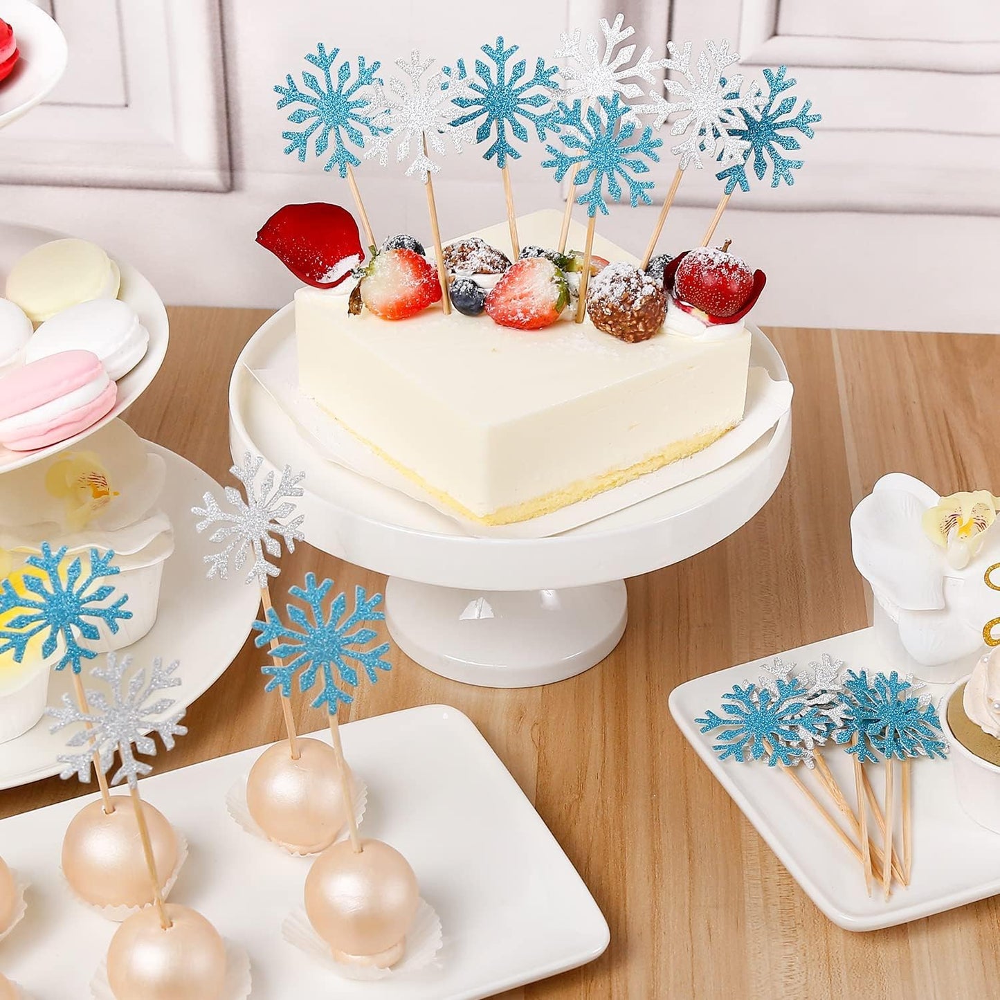 Putwo 20 Counts Wedding Cake Decorating Frozen Cupcake Toppers Toothpicks, Sliver/Blue/Snow