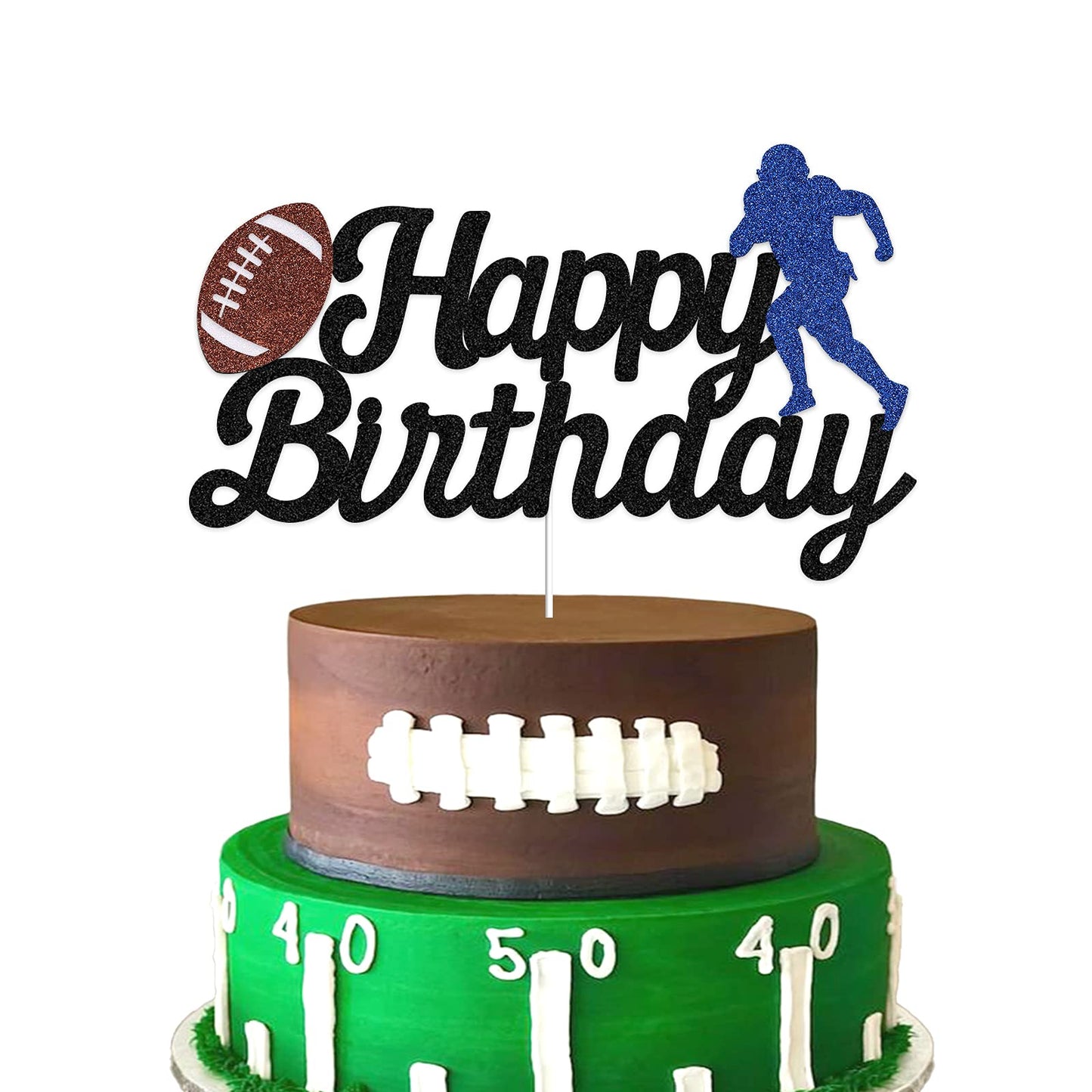Football Cake Topper - Happy Birthday Cake Topper For Football/Sport Theme Birthday Party Decoration (Black Glitter)