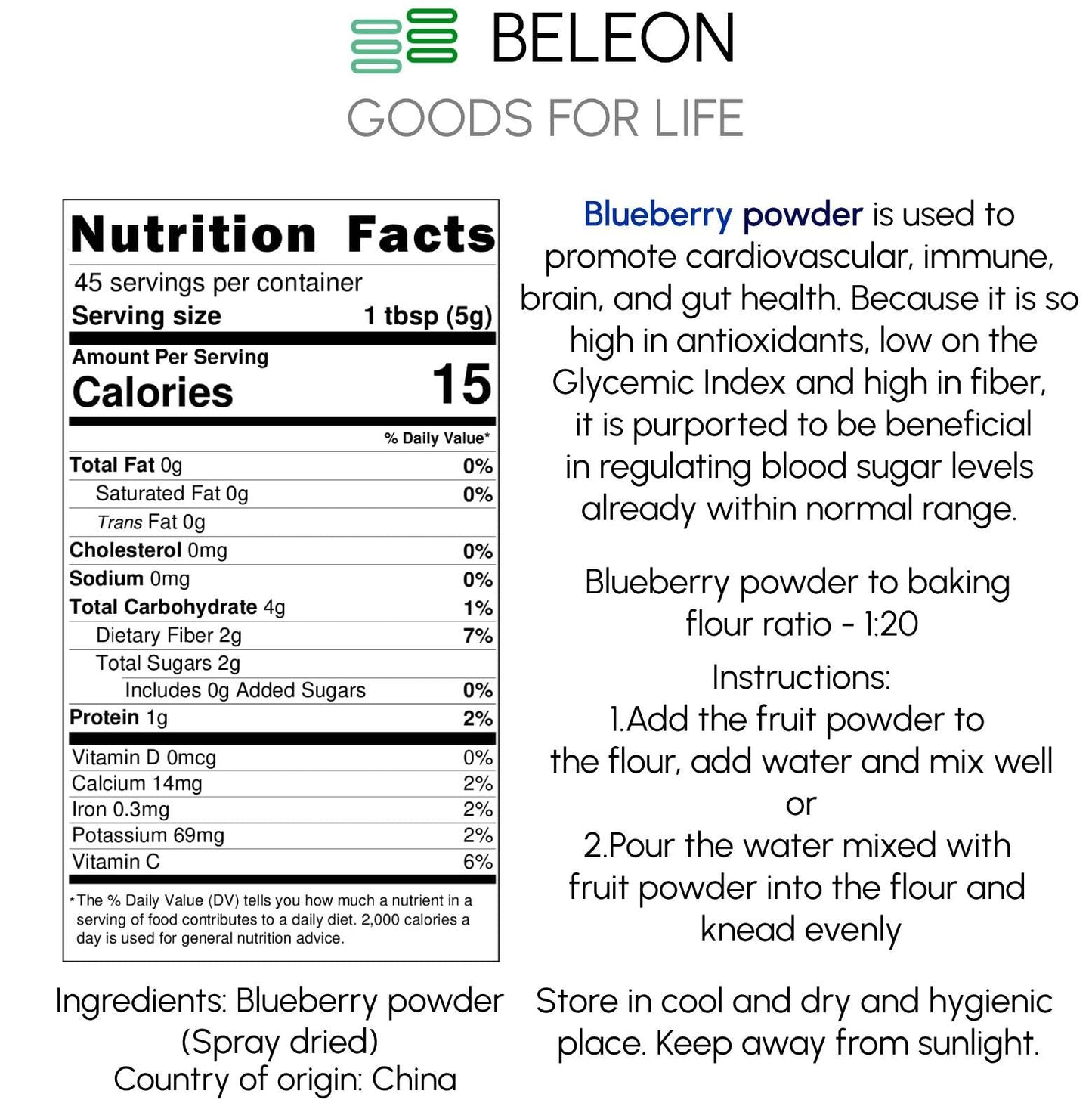 Blueberry Powder - Pure All Natural Whole Blueberry Powder for Baking, Flavoring, Smoothies, Beverage, 8 oz