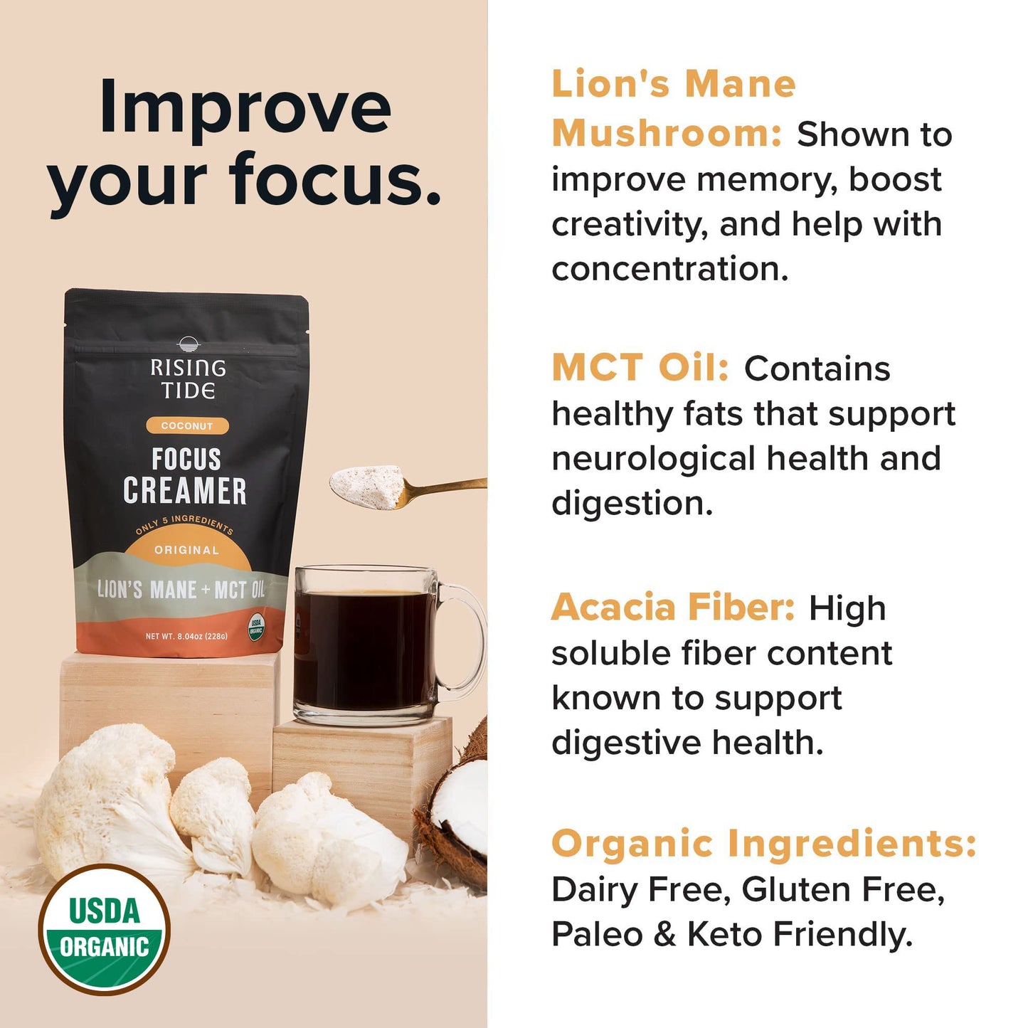 Rising Tide Organic Mushroom Superfood Creamer - Coconut Milk Powder  Lions Mane Mushrooms  MCT Oil - Non Dairy Cream Alternative for Coffee - Plant Based and Keto Friendly (38 Servings)