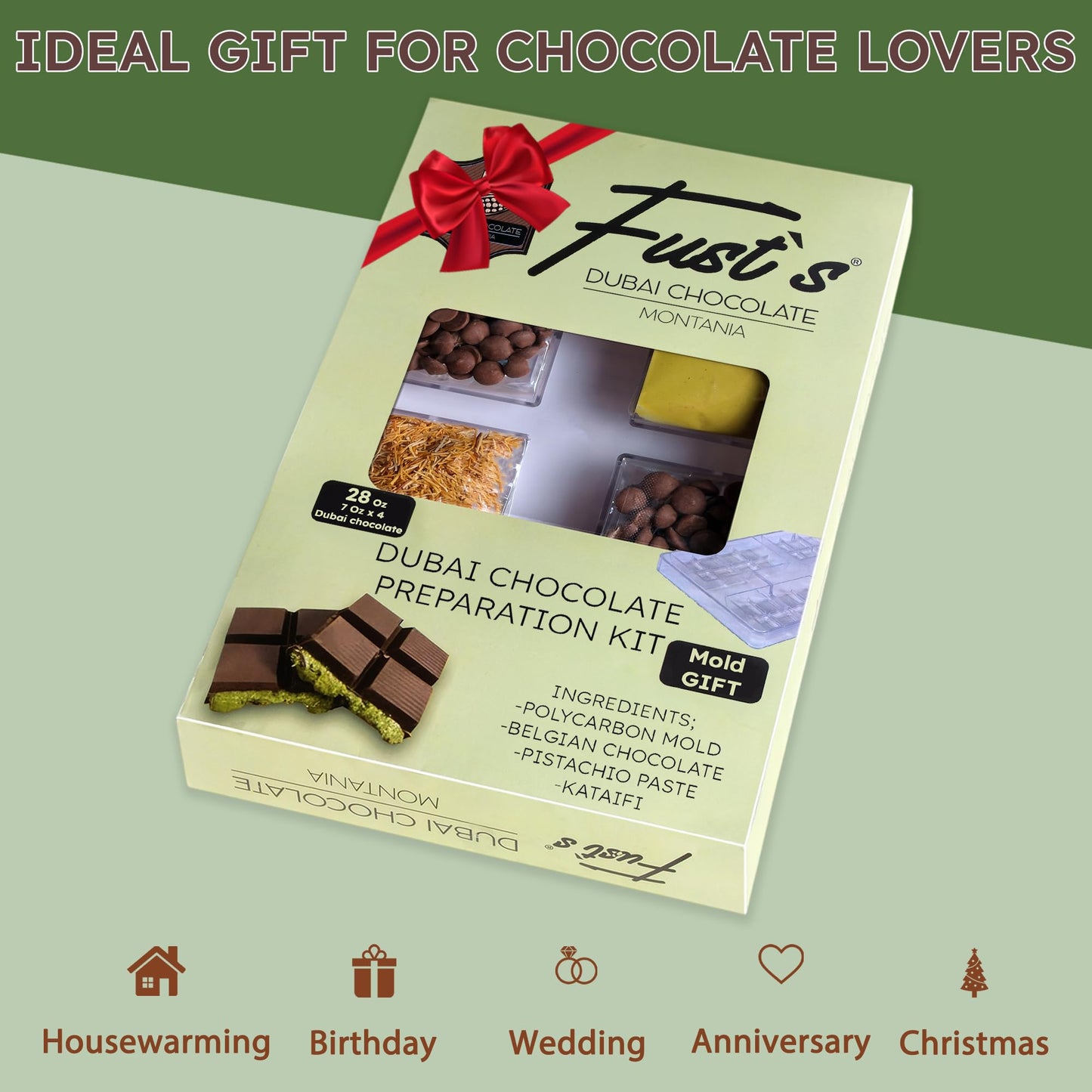 Dubai Chocolate Bar Kit  DIY Make Four Bars (16 Oz Belgian Choco  8.5 Oz Pistachio Cream  4-Piece Polycarbonate Mold  3.5 Oz Dried Kataifi)  DIY Dubai Pistachio Chocolate Kit  All-in-One Gift for Choco Lovers