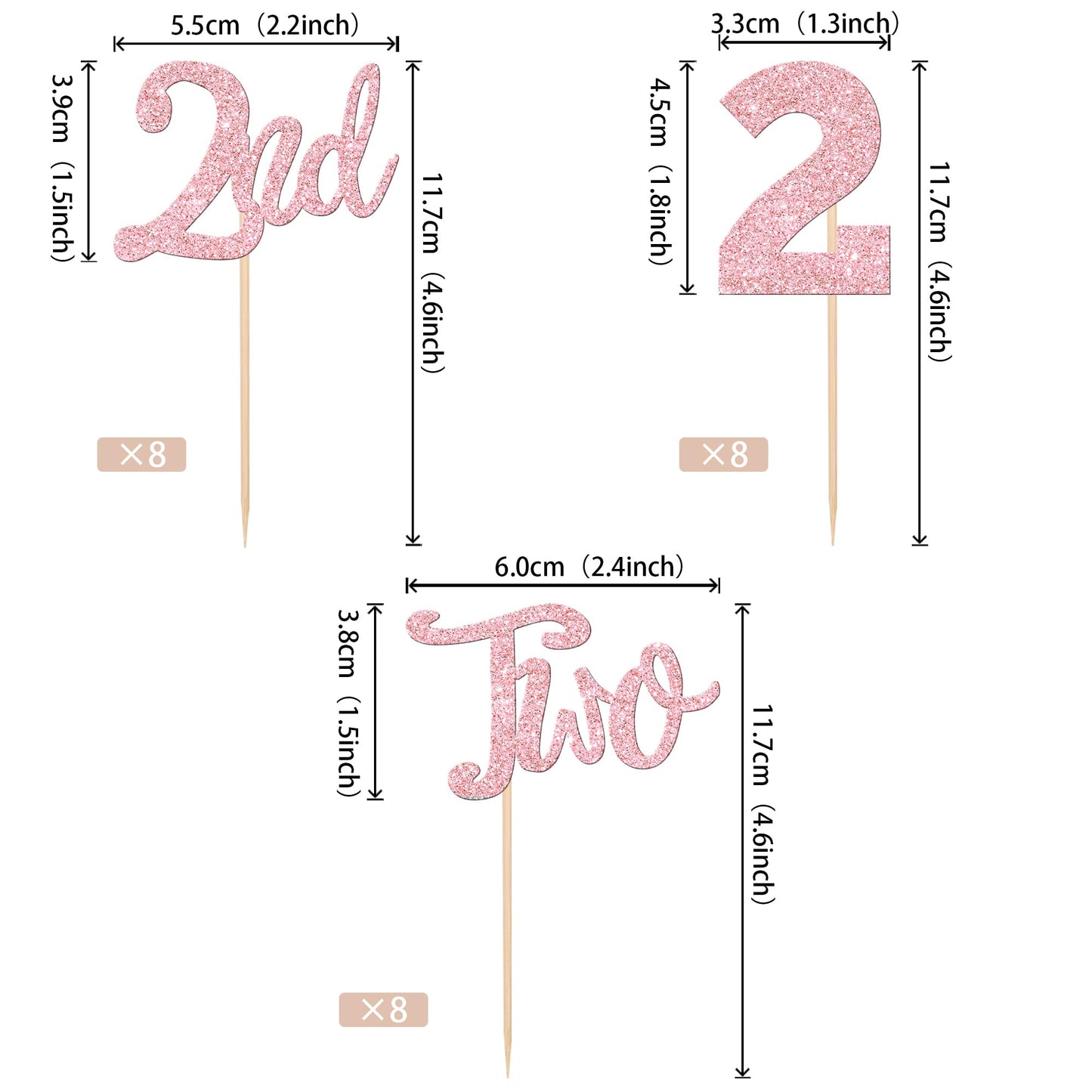 24 Pcs Two Cupcake Toppers Glitter 2Nd Birthday Cupcake Picks Number 2 Second Birthday Two Cake Decorations For Baby Shower Kids
