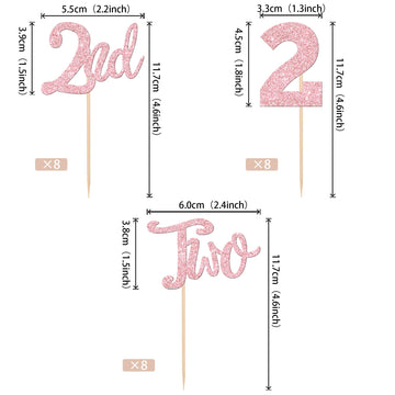 24 Pcs Two Cupcake Toppers Glitter 2Nd Birthday Cupcake Picks Number 2 Second Birthday Two Cake Decorations For Baby Shower Kids