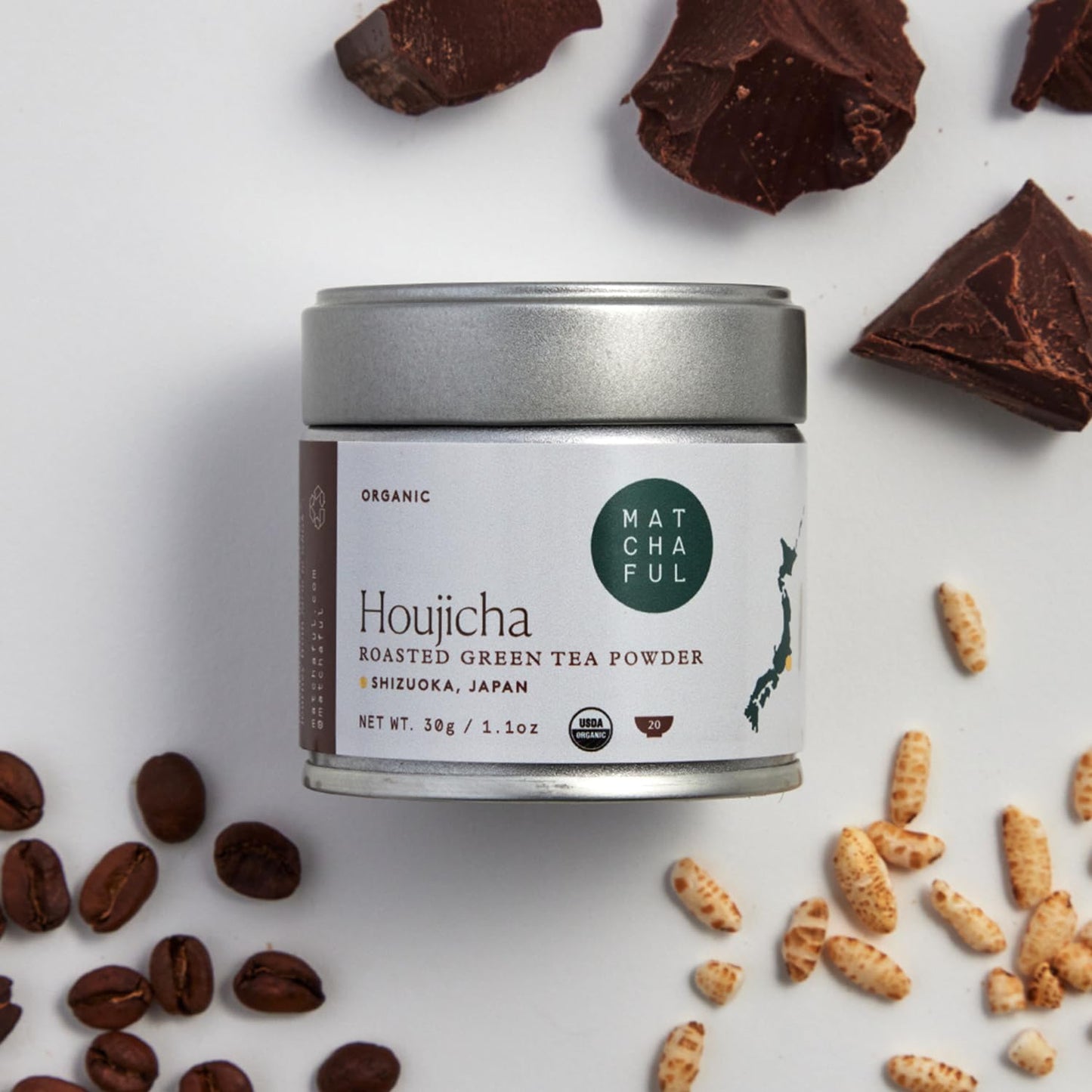 MATCHAFUL Organic Houjicha Powder - Smooth Roasted Green Tea with Coffee & Cacao Notes - 30g Tin