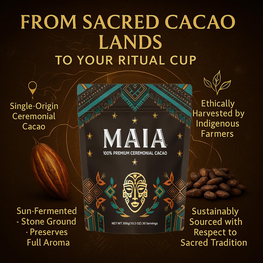 Maia Ceremonial Cacao  with Flavanol  Theobromine  Magnesium and Natural Flavonoids Blend  Improves Mental Clarity and Focus  100% Organic Cocoa Powder  Unsweetened Cacoa Powder for Natural Energy & Mood Support (1)