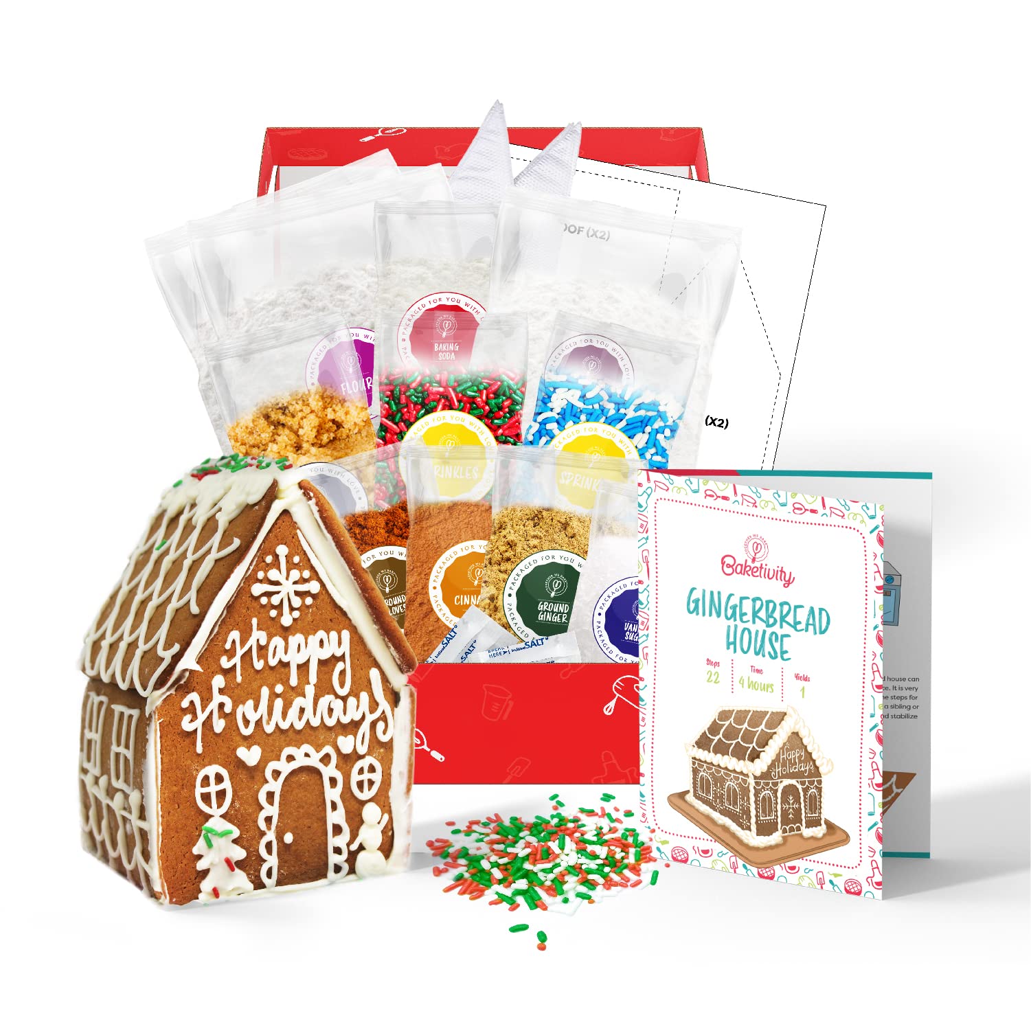 Baketivity Gingerbread House Kit - Bake and Build Edible Gingerbread House - Kids Baking Set with Premeasured Ingredients