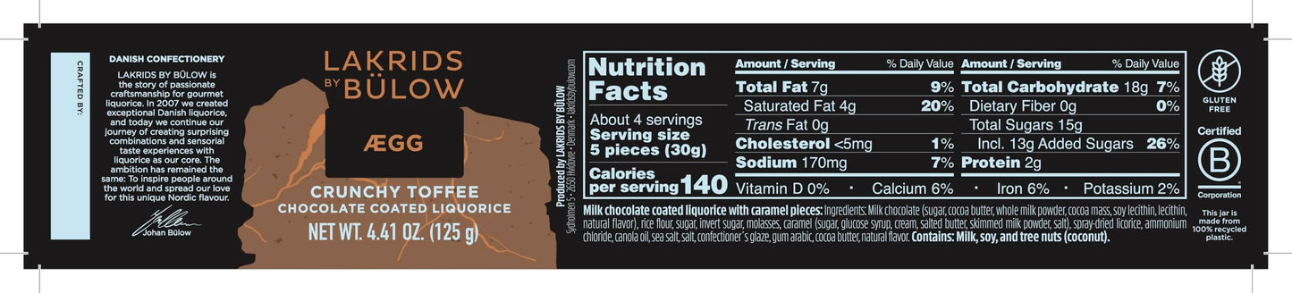 Lakrids By Blow - Crunchy Toffee - 4.4 Oz - Black Gourmet Licorice Covered In Milk Chocolate, Caramel And Cream - Authentic Scan