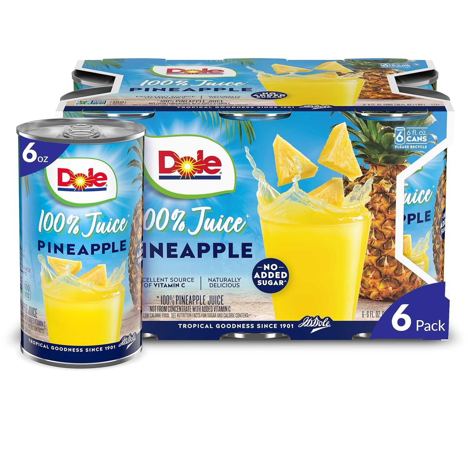 Dole 100% Pineapple Juice  No Added Sugar  Excellent Source of Vitamin C  100% Fruit Juice  6 Fl Oz (Pack of 6)  Packaging May Vary