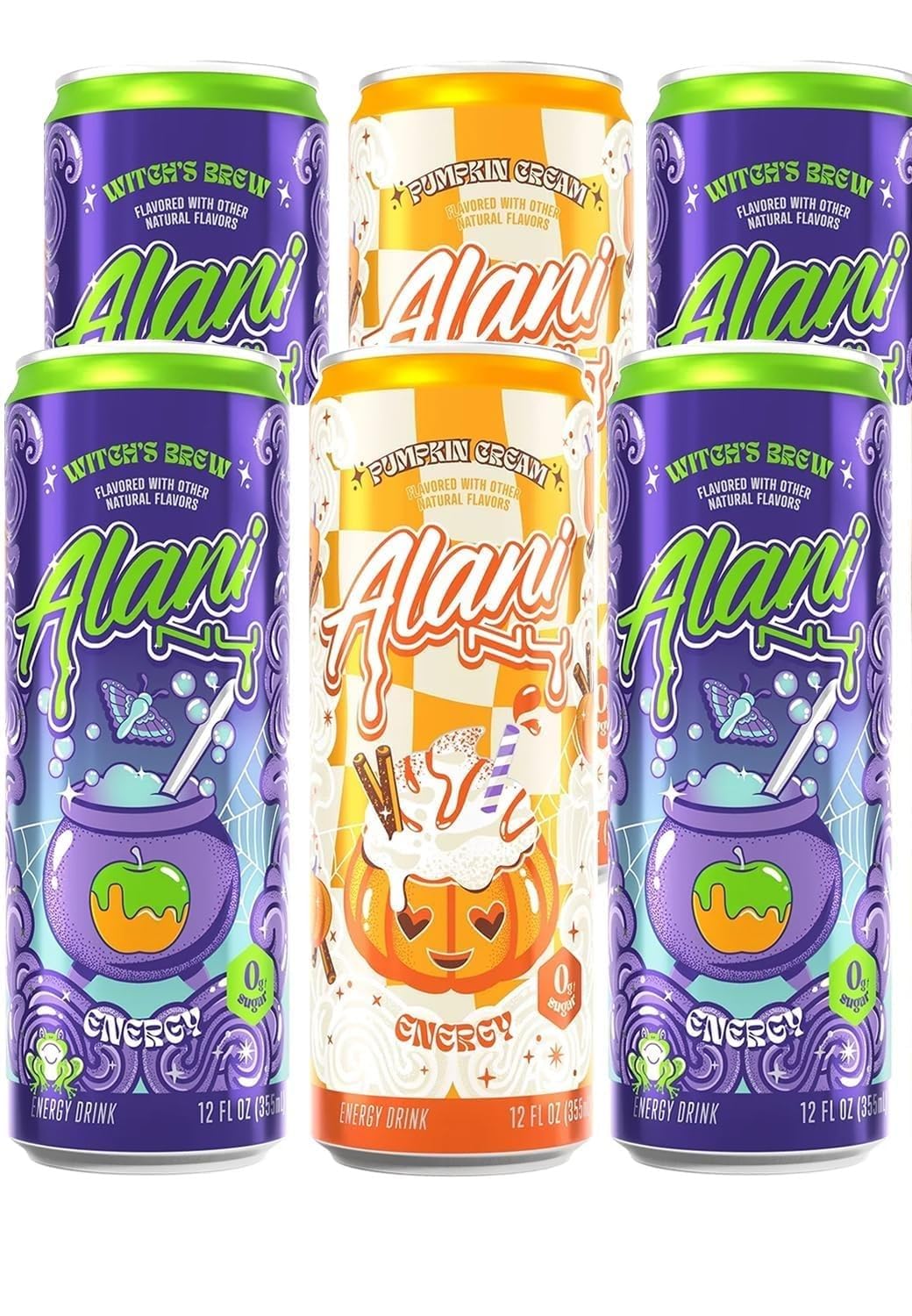 New Alani Energy Drink Variety Pack, Witchs Brew & Pumpkin Cream, Sugar Free, Low Calorie, 12 Fl Oz Cans, 6 Pack (Packaging May