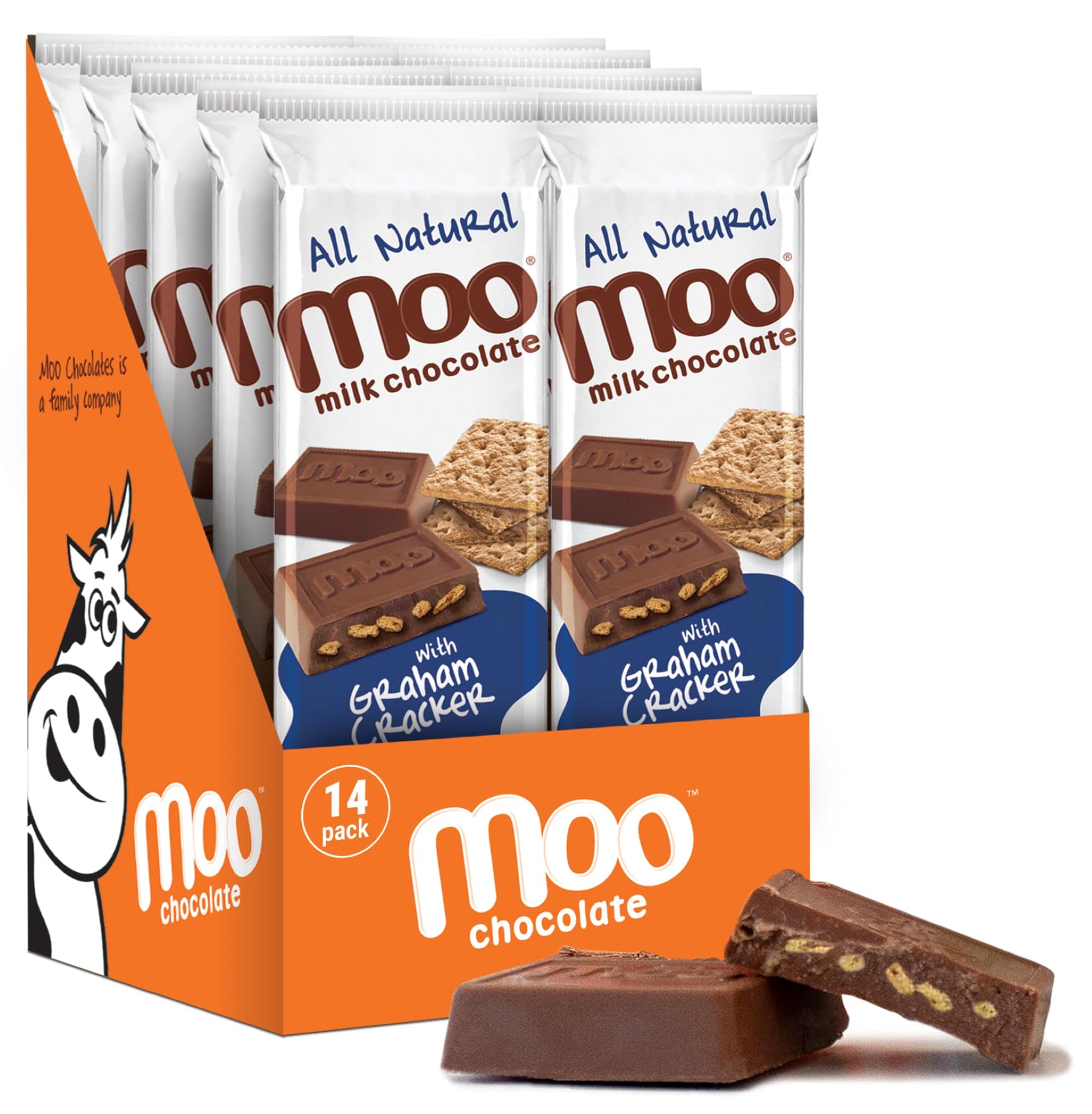 Moo Chocolates All Natural Milk Chocolate Large Bars with Graham Cracker 1.4 oz, 14 ct (Pack of 1) | 100 Calorie Snacks for On-t