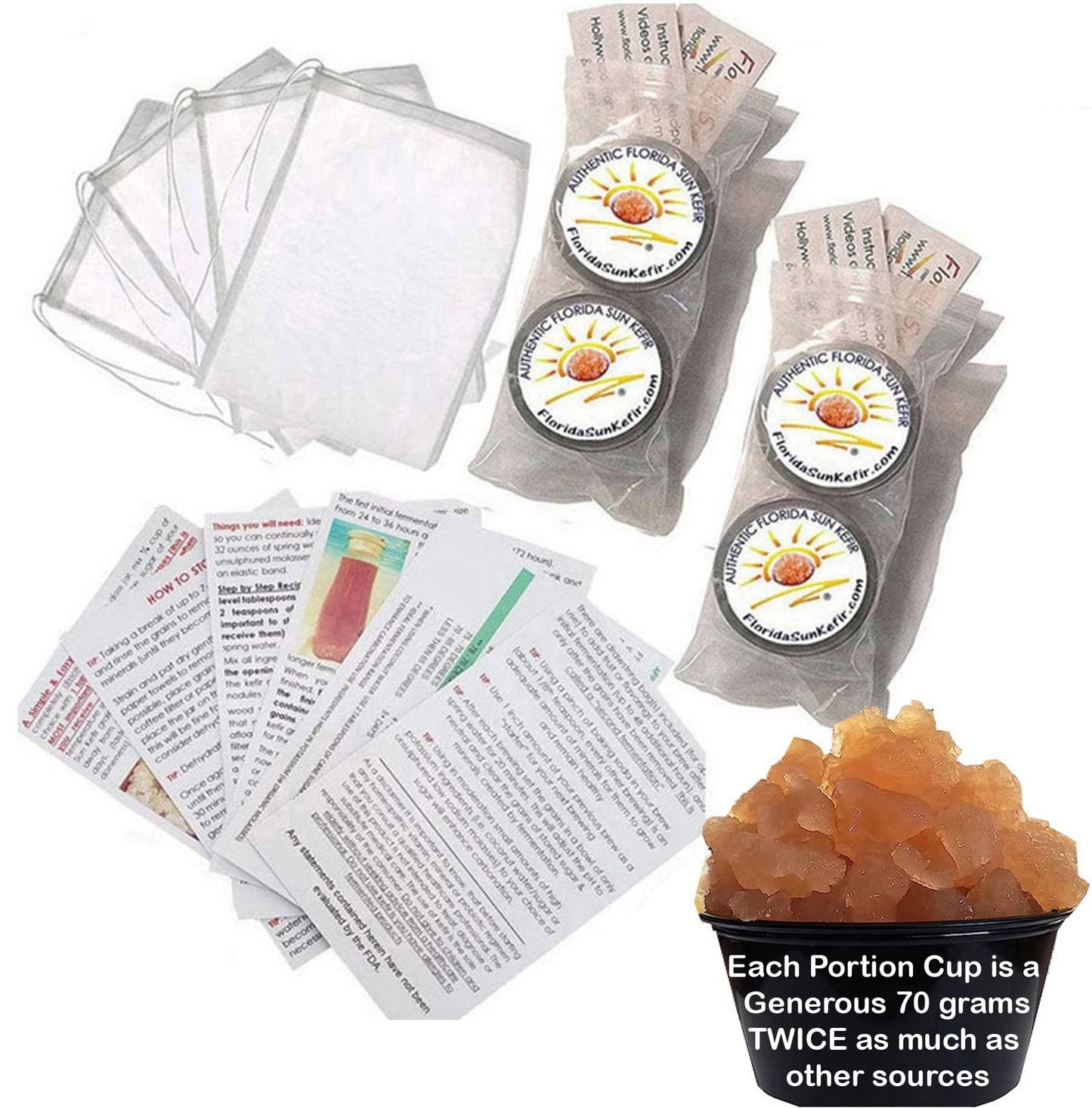 (4) Portion Cups Of Live Florida Sun Kefir Water Kefir Grains Natural Probiotics (6) Six Brewing Bags Included