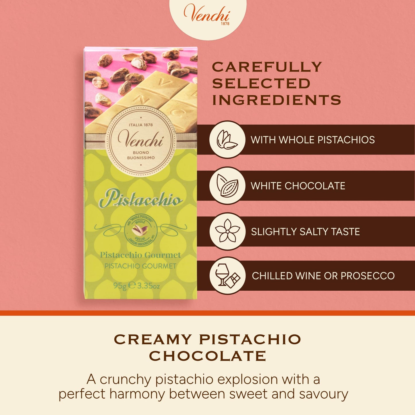 Venchi - Pistachio Gourmet Chocolate Bar - White Chocolate and Pistachio Paste Cream Bar, 3.53 oz - Gluten Free
