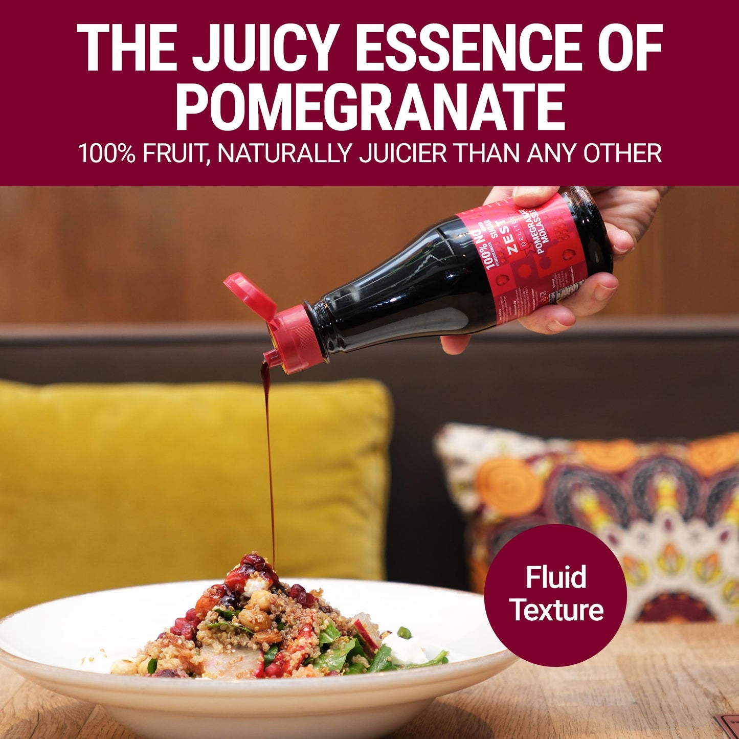 Pomegranate Molasses by Zest Delites, No Sugar Added, 100% Natural Mediterranean Pomegranate Syrup for Salads, Meats, Drinks and