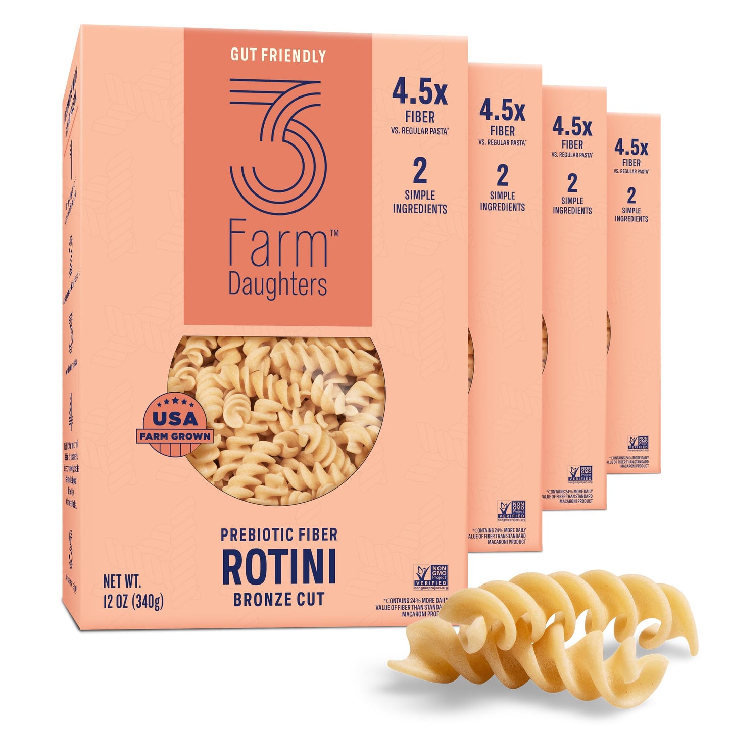 Three Farm Daughters High Fiber Rotini Pasta, Low GI, Non-GMO, 12 oz (Pack of 4)