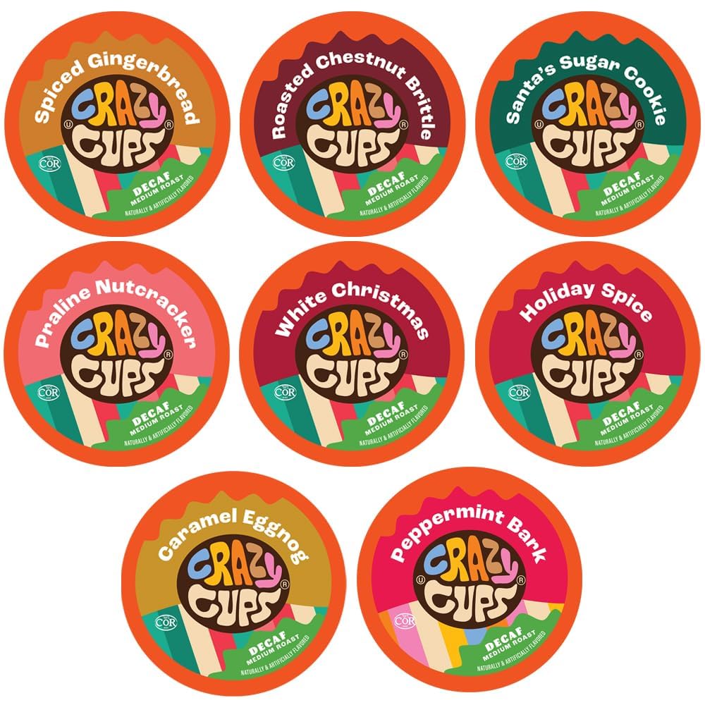 Crazy Cups Decaf Christmas Coffee Pods Variety Pack, 50 Count Assorted Flavors for Keurig K Cup Machines
