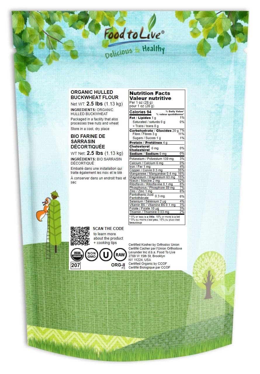 Food To Live Organic Hulled Buckwheat Flour, 2.5 Pounds Non-Gmo, Finely Milled Raw Groats, Kosher, Vegan Powder. Good Source Of