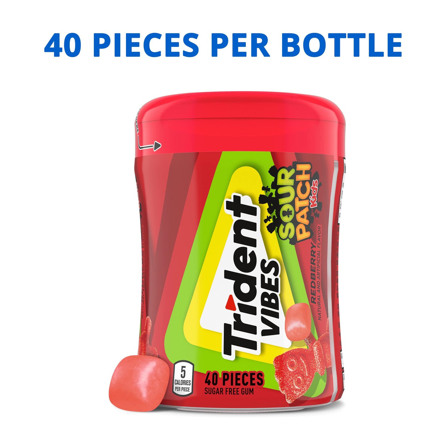 Trident Vibes SOUR PATCH KIDS Redberry Sugar Free Gum, 40 Count Bottle, Crunchy