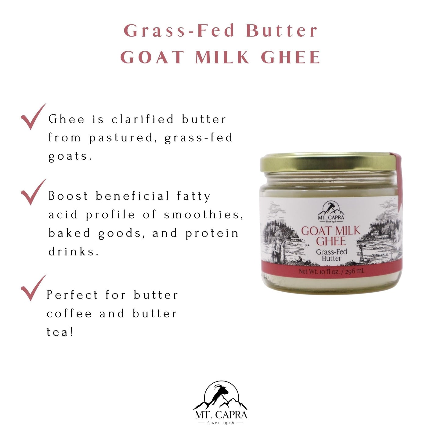 Mt. Capra Goat Milk Ghee, Grass-Fed Clarified Butter, 10.01 Fl Oz, Unsalted, Ideal for Keto and Paleo Diets