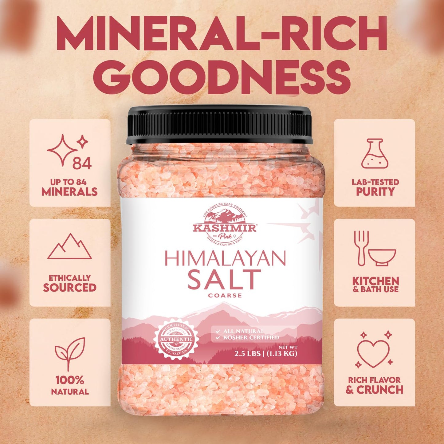 LA SALT CO Kashmir 2.5 Lbs Pink Himalayan Salt Jar, Coarse | 100% Pure, Food Grade with 84 Trace Minerals | Kosher Certified, Ve