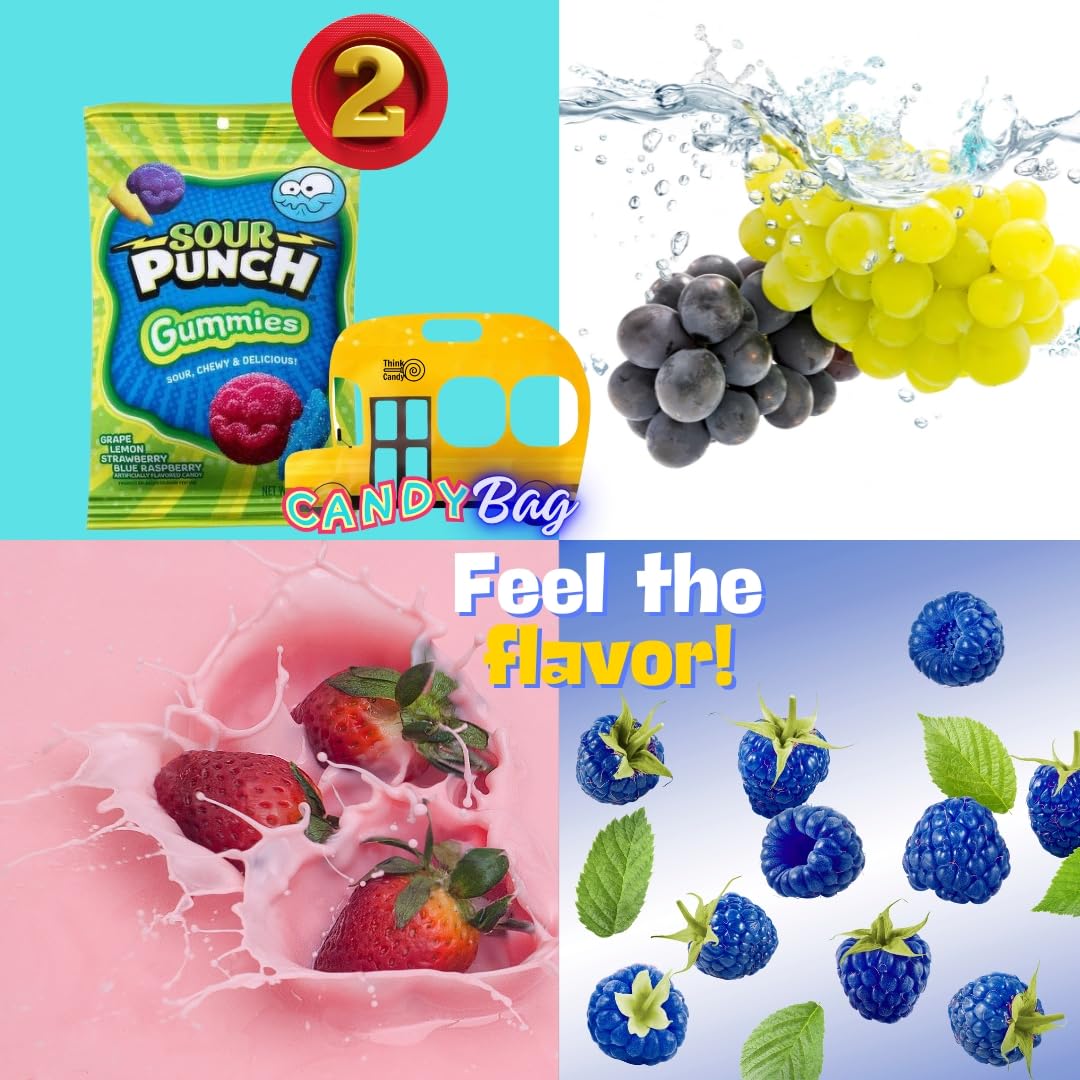 Think Candy Sour Punch Gummies - Pack of 2 - Blue Raspberry, Strawberry, G , Lemon - 6.75oz Each - Chewy & Sour Candy