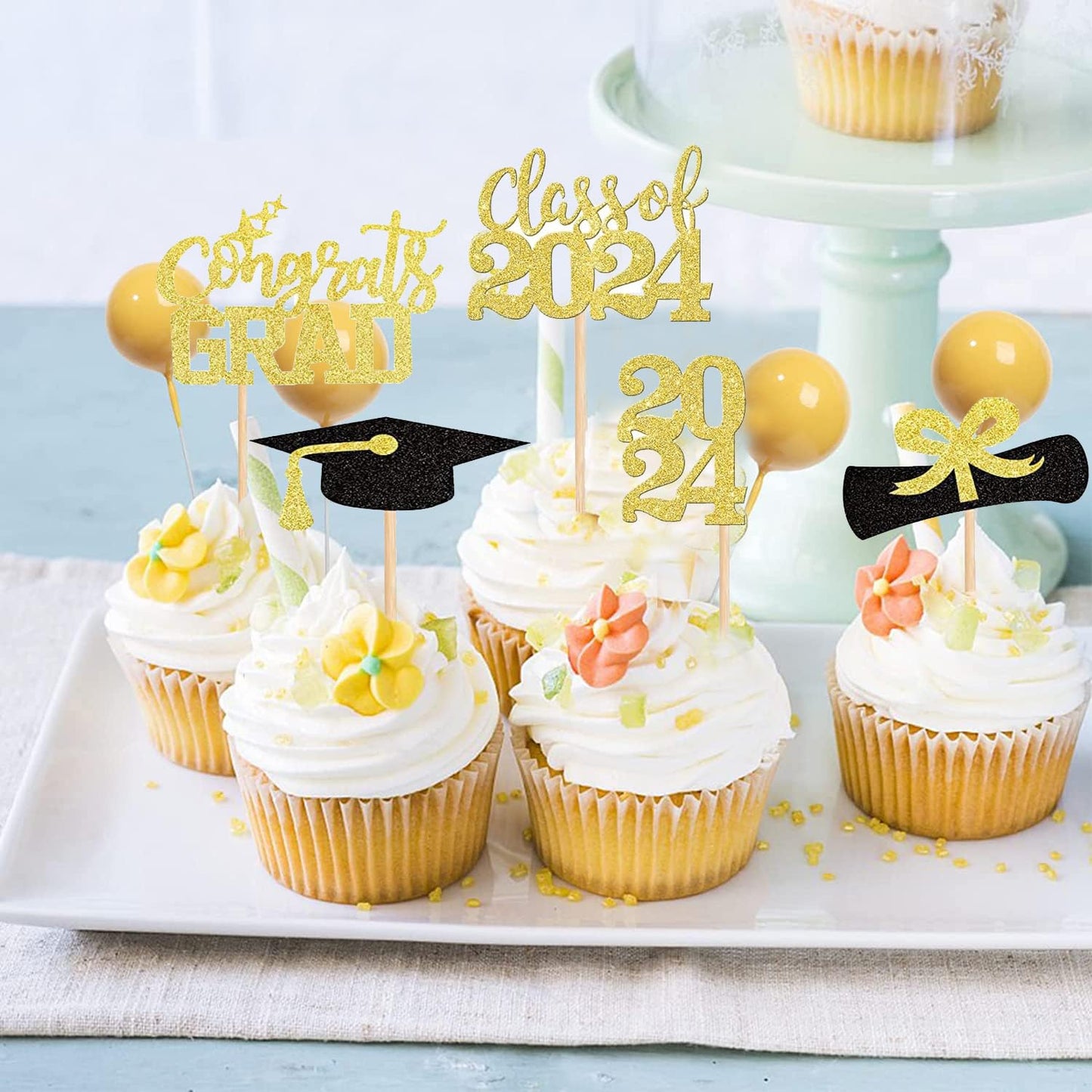 40 Pieces 2024 Graduation Theme Paper Cupcake Decoration Flash Grade 2024 Graduation Hat Certificate Paper Cupcake Selection 202