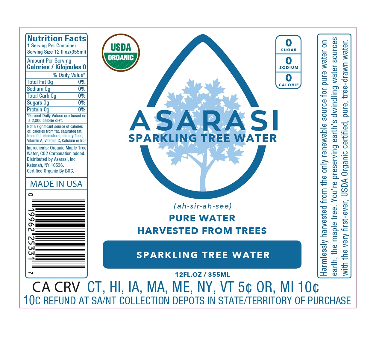Asarasi Organic Sparkling Tree Water (12 Fl Oz (Pack of 12), Natural)